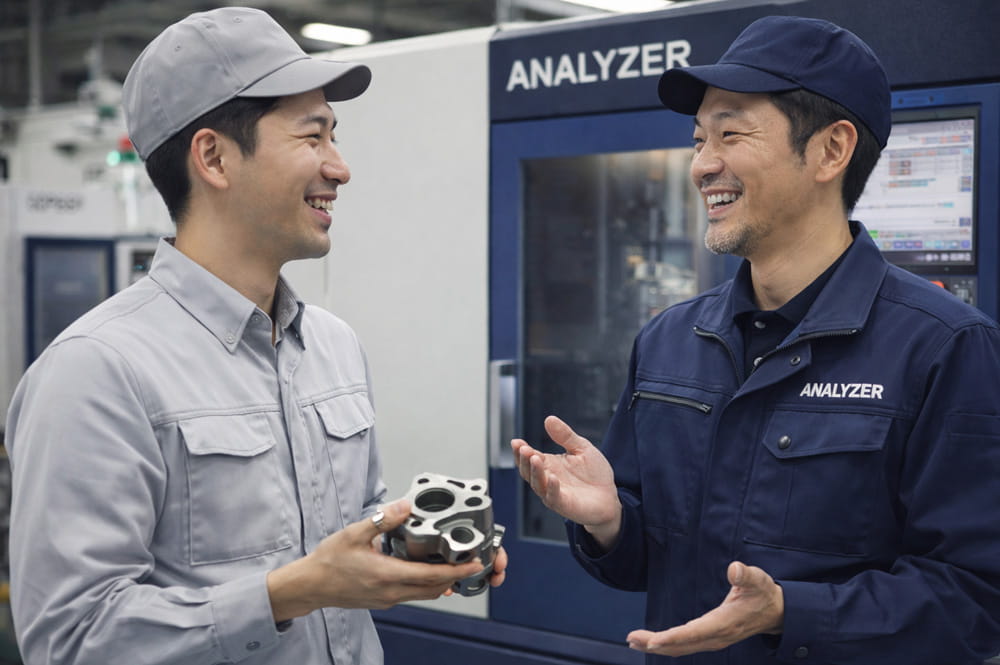 ANALYZERの前で談笑するプロスペシャリストとクライアント担当者