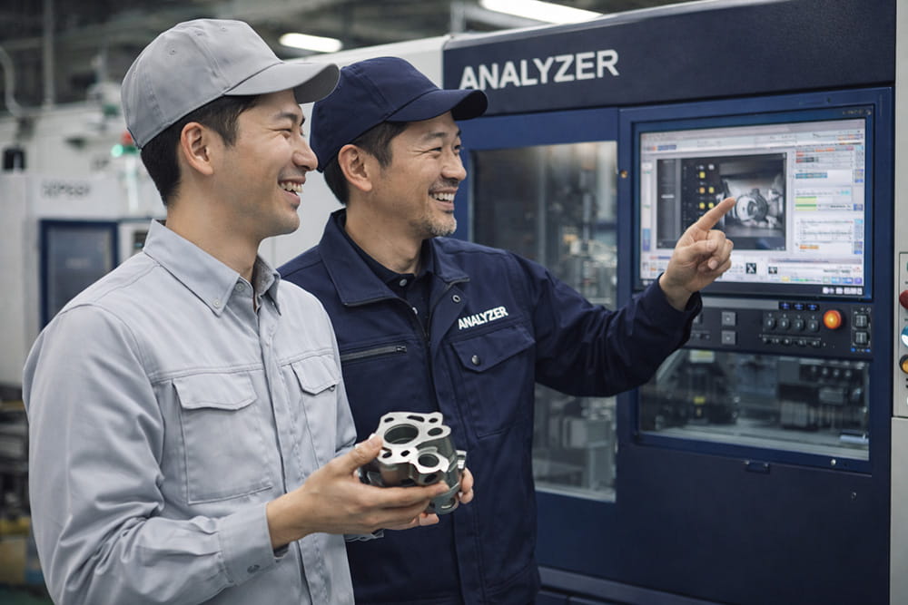 ANALYZERの前で談笑するプロスペシャリストとクライアント担当者