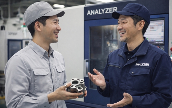手帳を指差しながら笑顔で話し込むANALYZER株式会社の社員